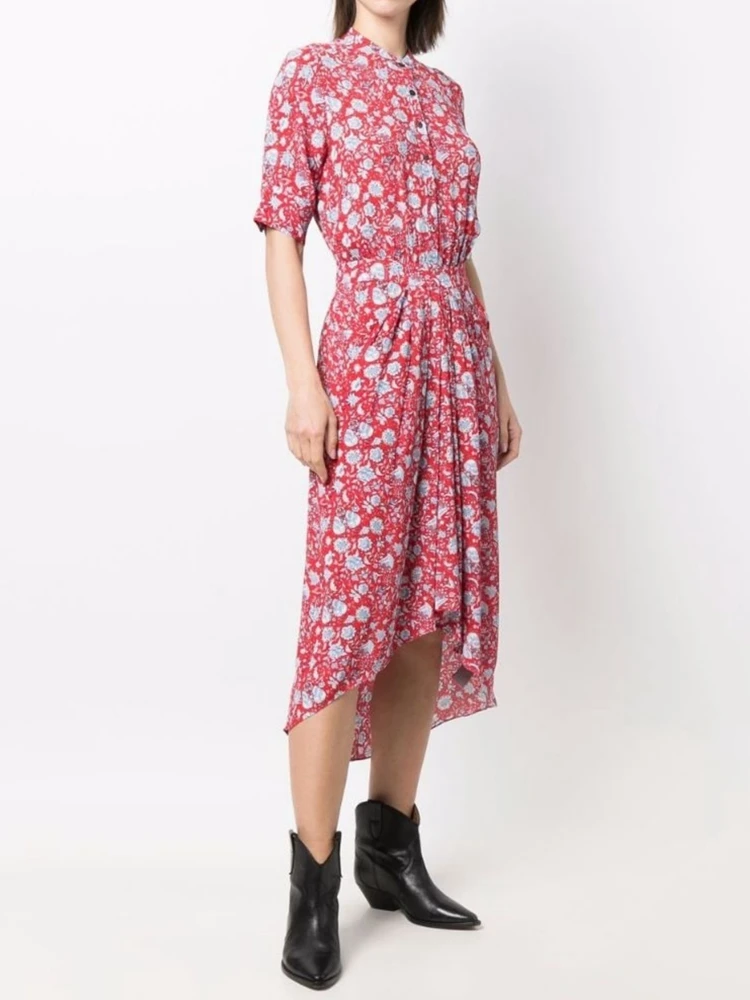 

2022 Spring New Floral Print Shirt Dress Half-sleeve Single-breasted Women Midi Dress