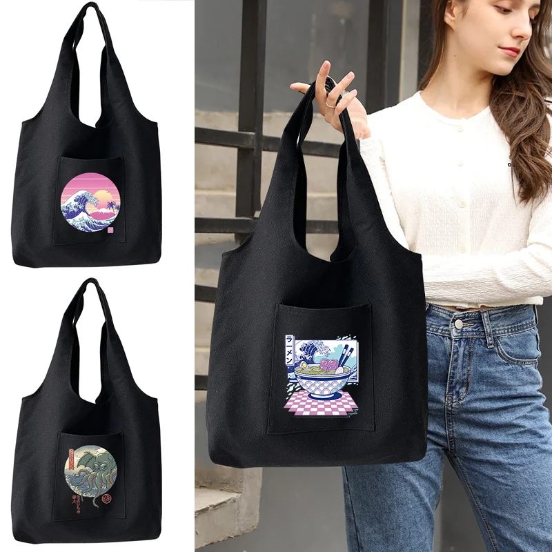 

Women's Shopping Bags Commuter Vest Bag Wave Printing Large Capacity Eco Supermarket Handbags Ladies Casual Canvas Tote Bag