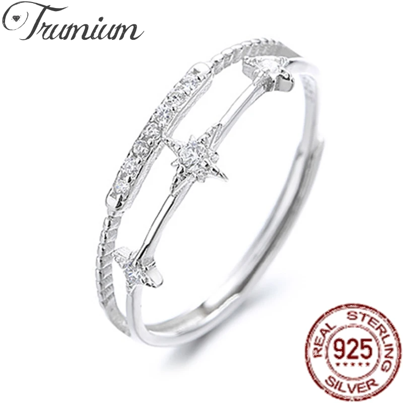 

Trumium 100% 925 Sterling Silver Double Row Ring Eight-pointed star semi-precious stone Ring Adjustable inoxidable mujer