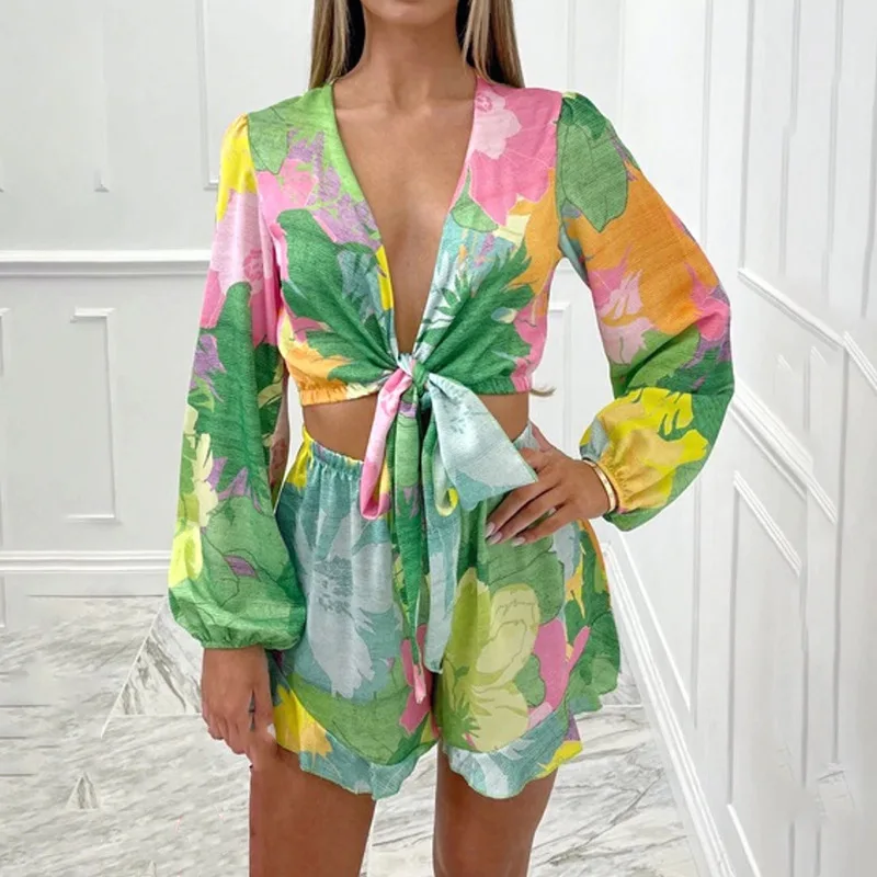 

NSMW MI Woman Blouses With Prints 2 Piece Sets Women's Shorts Summer Suit 2022 Long Sleeve Tops Female Flared Trouser Suits