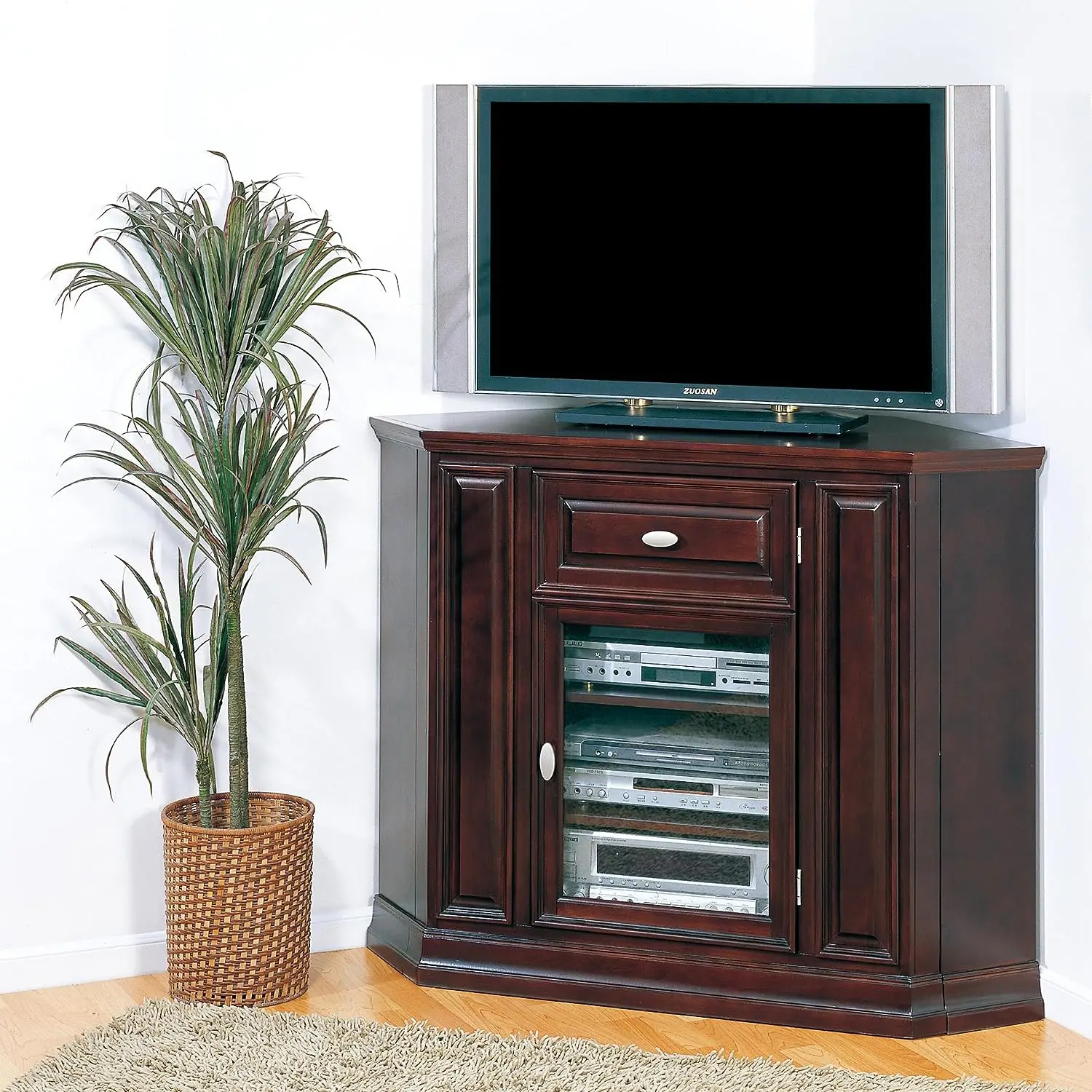 

High Profile One Door Corner Stand with Enclosed Storage for 50" TV's, 46", Chocolate Cherry Spring loaded repair pins Enamel pi