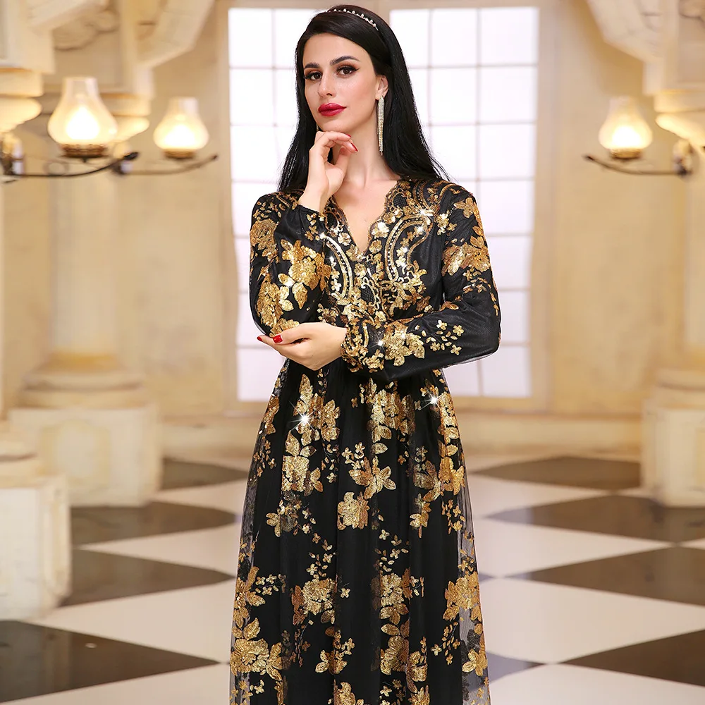 

Abayas For Women Black Gold Sequin Embroidery Southeast Asia Middle East Dubai Double Dress Women Robe Femme Musulmane