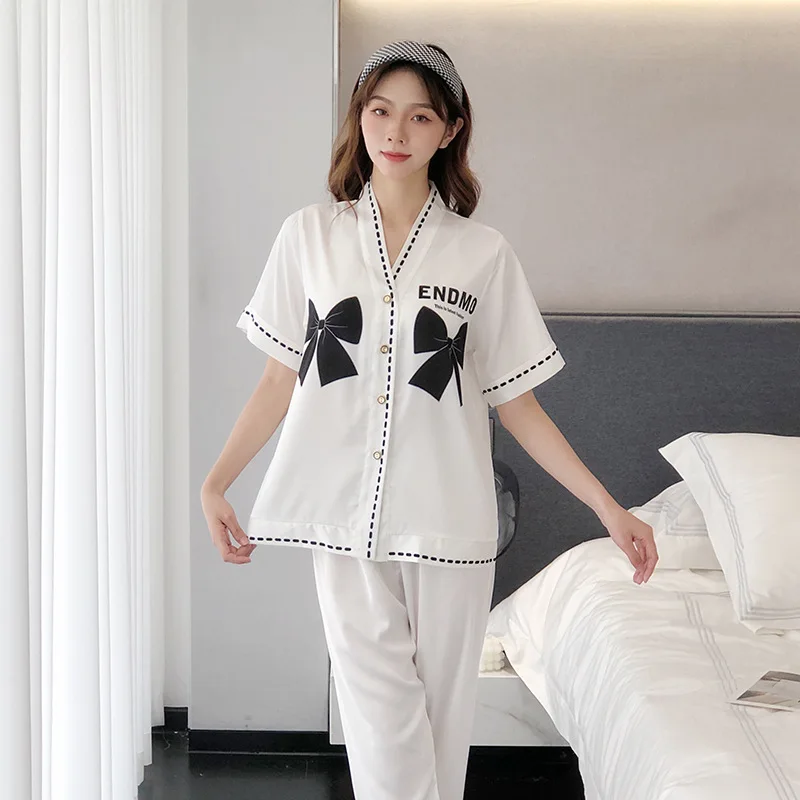New pajamas women summer ice silk long-sleeved cardigan suit spring and autumn thin section plus size trousers home service
