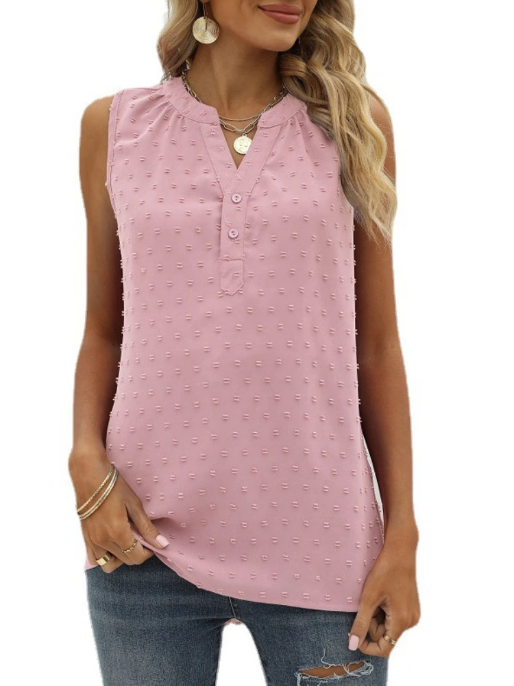 Women Solid Shirt V-Neck Sleeveless Chiffon Casual Tops for Summer