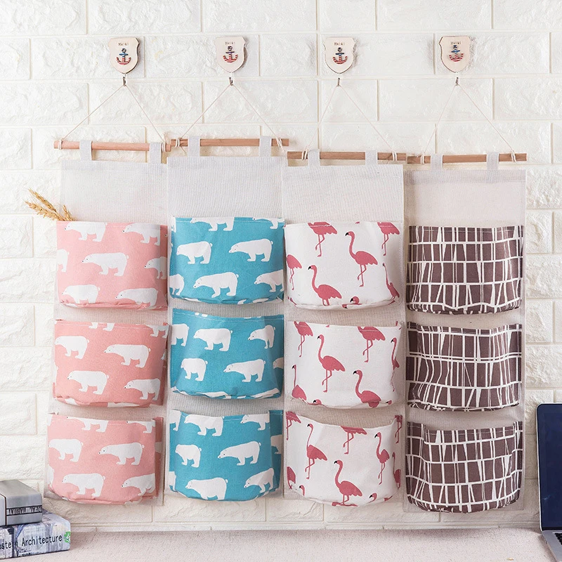 

Cotton Linen Pattern Hanging Storage Bag 3 Pockets Wall Mounted Wardrobe Handbag Wall Pouch Sundries Cosmetic Toys Organizer