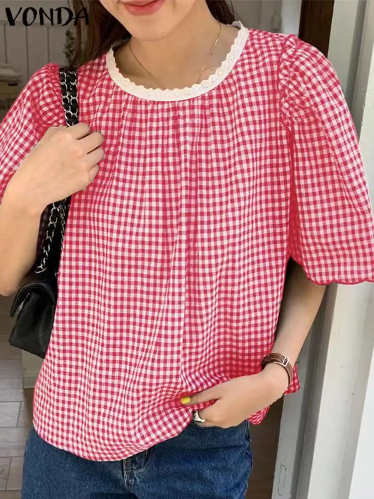 

2023 VONDA Women Plaid Blouses Summer Shirts Casual Loose Tunic Tops Short Sleeve Lace Patchwork Checked Fashion Blusas Femme