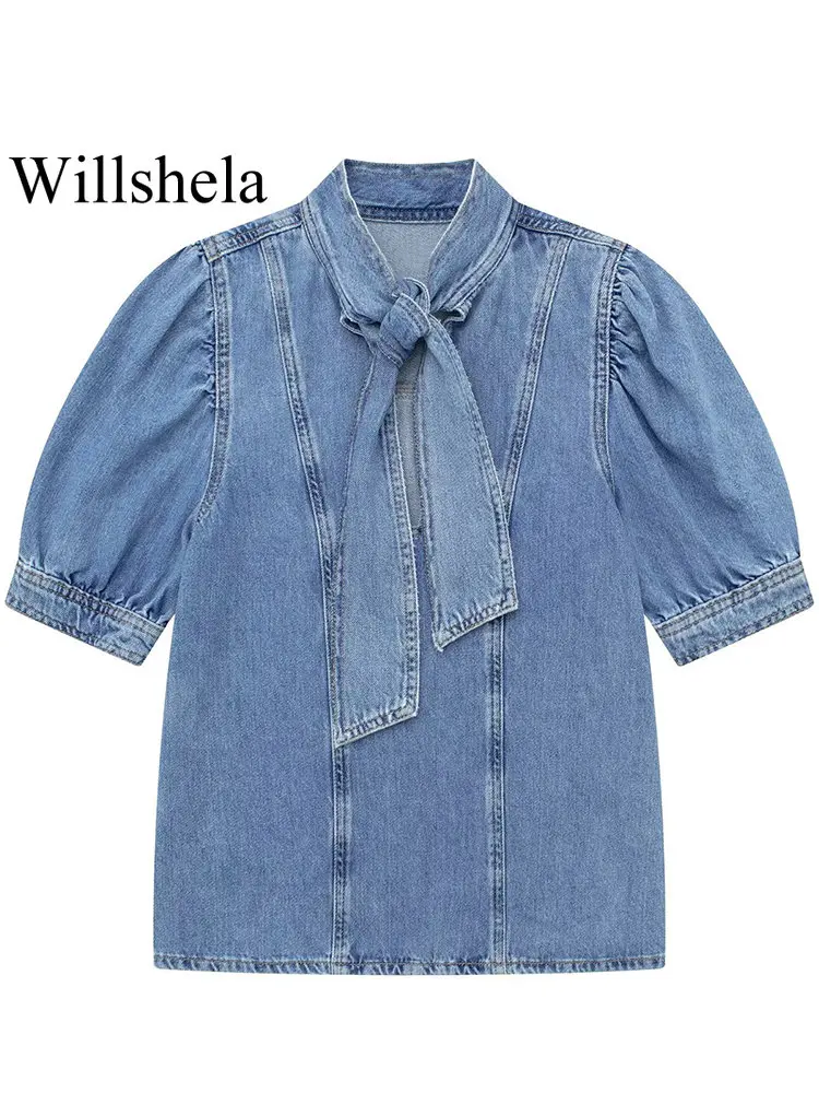 

Willshela Women Fashion With Bow Denim Blue Hollow Out Shirts Vintage Short Puff Sleeves O-Neck Female Chic Lady Blouse