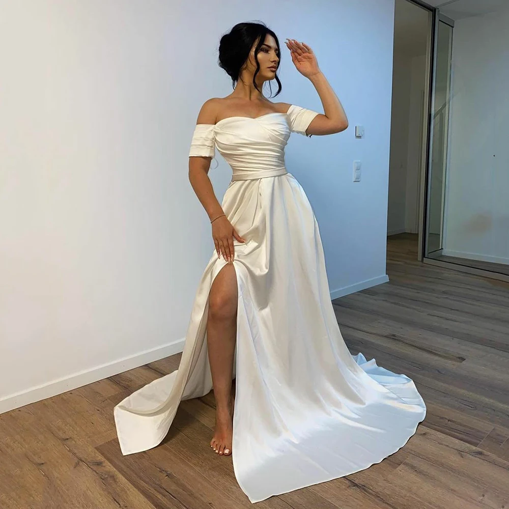 

Ivory A Line High Slit Satin Prom Dresses Sweetheart Off Shoulder Short Sleeves Evening Gowns Saudi Arabia Party Dress