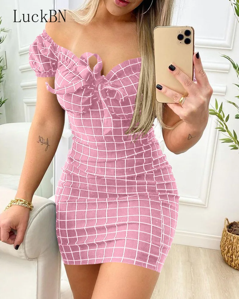 

Woman Plaid Printed Short Dress Sexy Leaky Shoulder Package Hip Bodycon Sheath Party Dresses Womens Bowknot Vestidos De Fiesta