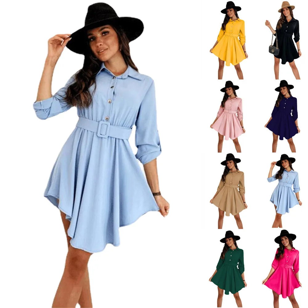 

Spring Summer Women Dress Button Up Turn Down Collar Shirt Dress With Belt Lady Solid Color Elegant Dresses For Women 2022