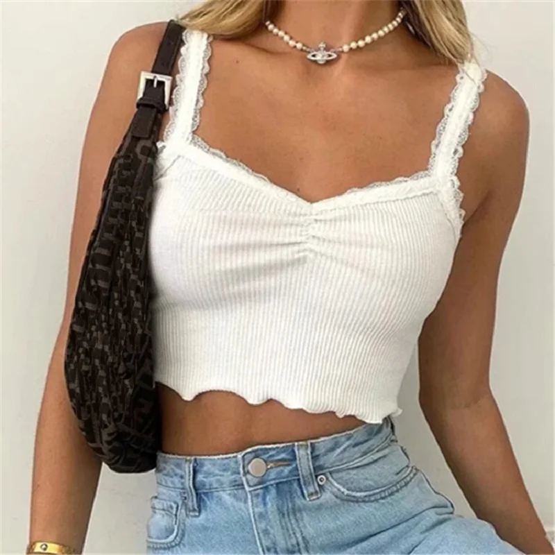 

Sexy Lace Tanks Tops for Women 2021 Fashion Black White Crop Tops Summer Spaghetti Strap Short Camisole Vintage Short Camis Tees