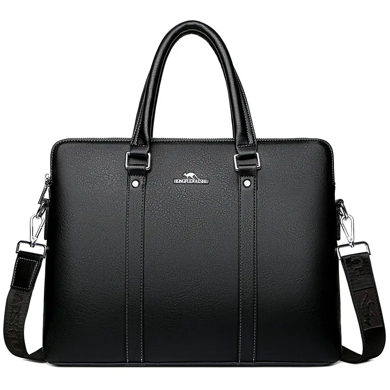 Men Briefcase Double Zipper Genuine Leather Shoulder Bag 14 Inch Laptop Bag Large Capacity Male Business Handbag Travel Bag