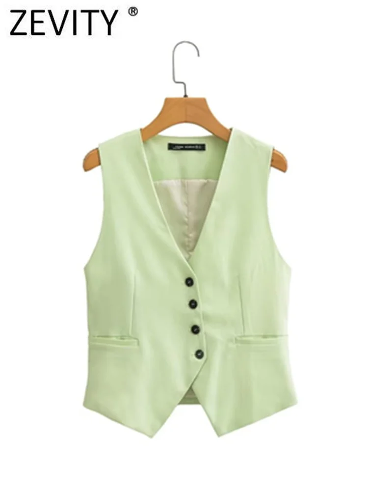 

Zevity Women Fashion V Neck Solid Asymmetrical Breasted Slim Vest Jacket Office Ladies Sleeveless Casual WaistCoat Tops CT4371