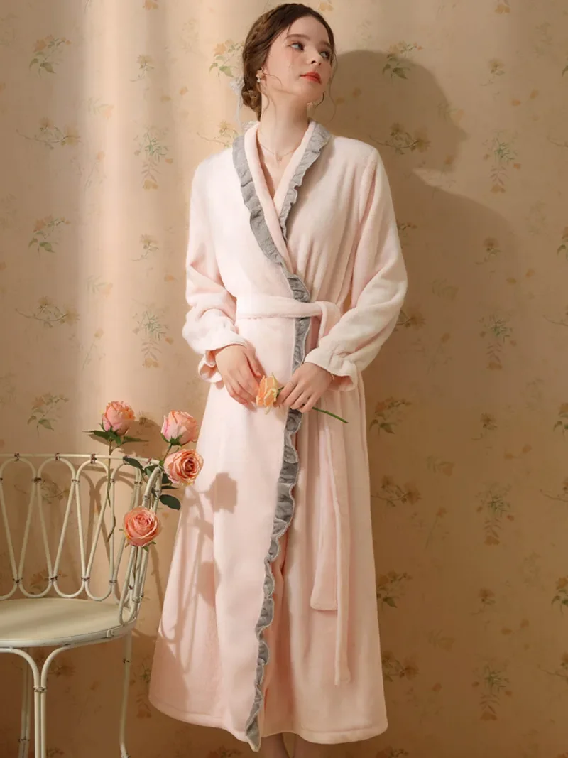 

Dress Flannel Vintage Robe Velvet Winter French Princess Coral Pajamas Autumn Women Sweet Sleepwear Sleeve Long Loose Nightwear