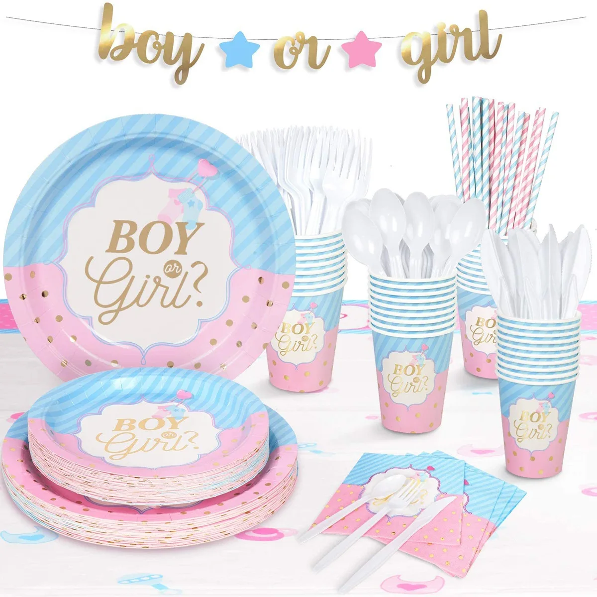 

Pink Blue Boy or Girl Gender Reveal Baby Shower Party Disposable Tableware Set Paper Plates Cups Banner Balloon Decoration