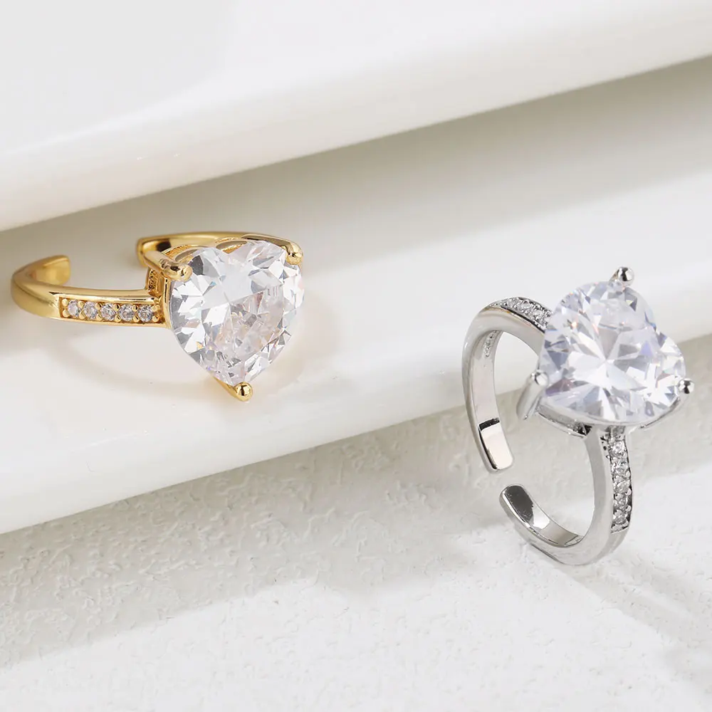 

Регулируемое кольцо Poulisa с белым кристаллом в форме сердца для женщин, кольца из искусственного серебра с фианитом S925, открытые кольца