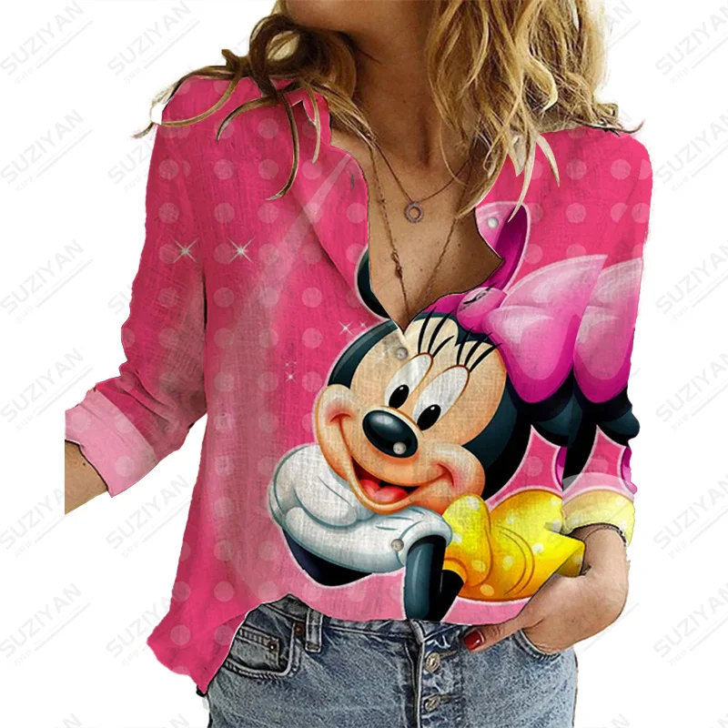

Модная женская Повседневная рубашка с принтом Диснея Минни, Элегантная блузка с длинным рукавом и отложным воротником, Женская цветная ули...
