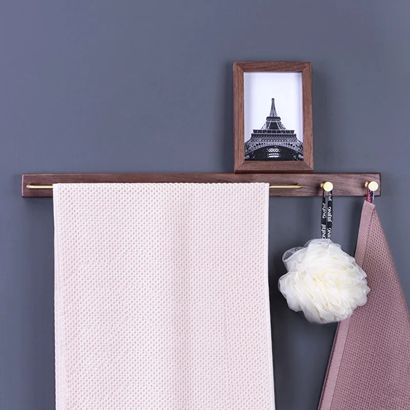 

Black Walnut Wood Towel Rack Wall Mounted Retro Towel Bar Wooden Towel Holder Brass Towel Rail Brass Hooks for Bathroom Kitchen