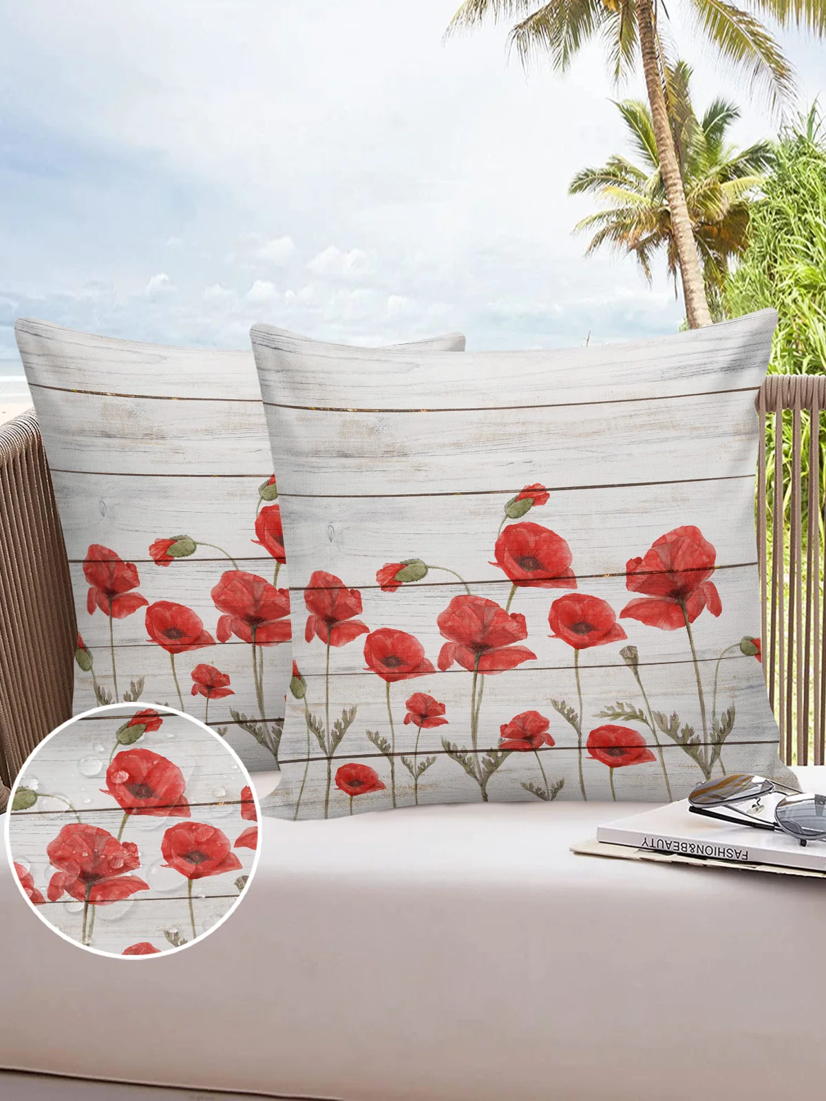 

Red Poppy Flower Wood Board 2/4PCS Outdoor Pillowcase Waterproof Sofa Pillow Cover Case Garden Patio Cushion Covers Home Decor