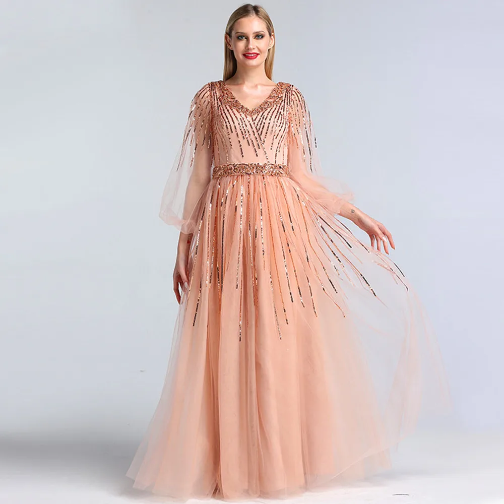 

Dubai Design Pink V-Neck 2022 Evening Sequined Mid Long Sleeves Luxury Formal Tulle Sheer Floor Dress Open Back Invisible Zipper