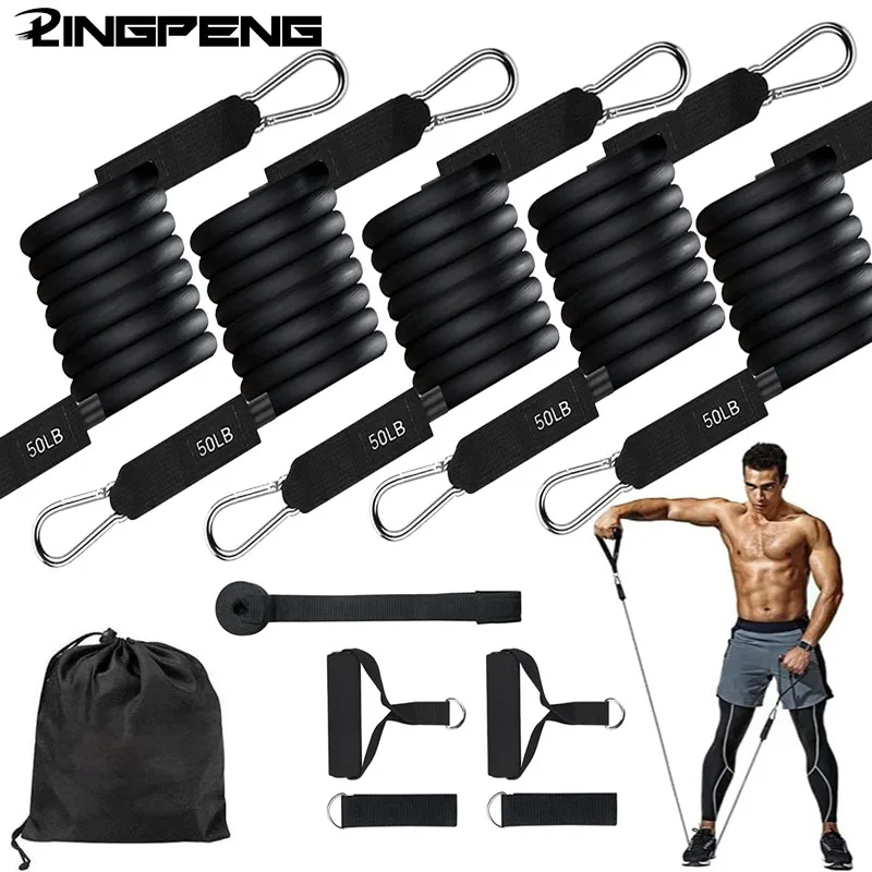 250LBS Set Workout Bands Exercise Bands 5 Tube Fitness Bands with Door Anchor Handles Legs Ankle Straps and fitness stick