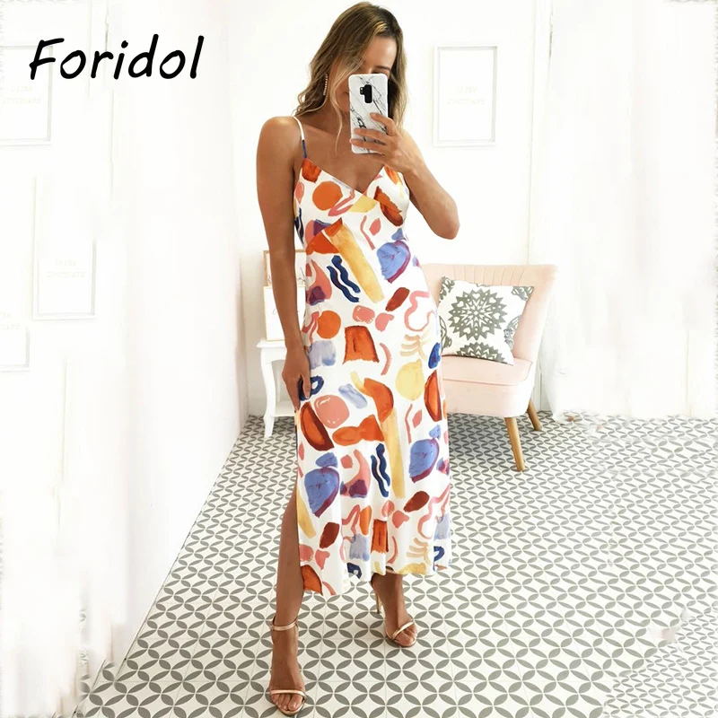 

Foridol Sexy Backless Bowknot Multicolor Summer Dress Sundress Strap Sleeveless Boho Maxi Dress Slit Long Dress Robe Print