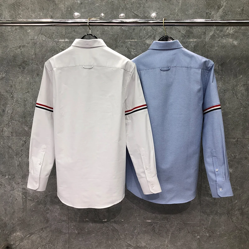 TB THOM Men‘s Shirt Spring Autumn Fashion Brand Clothes Ribbon Shoulder Vertical Stripe Cotton Oxford Casual Wholesale TB Shirts