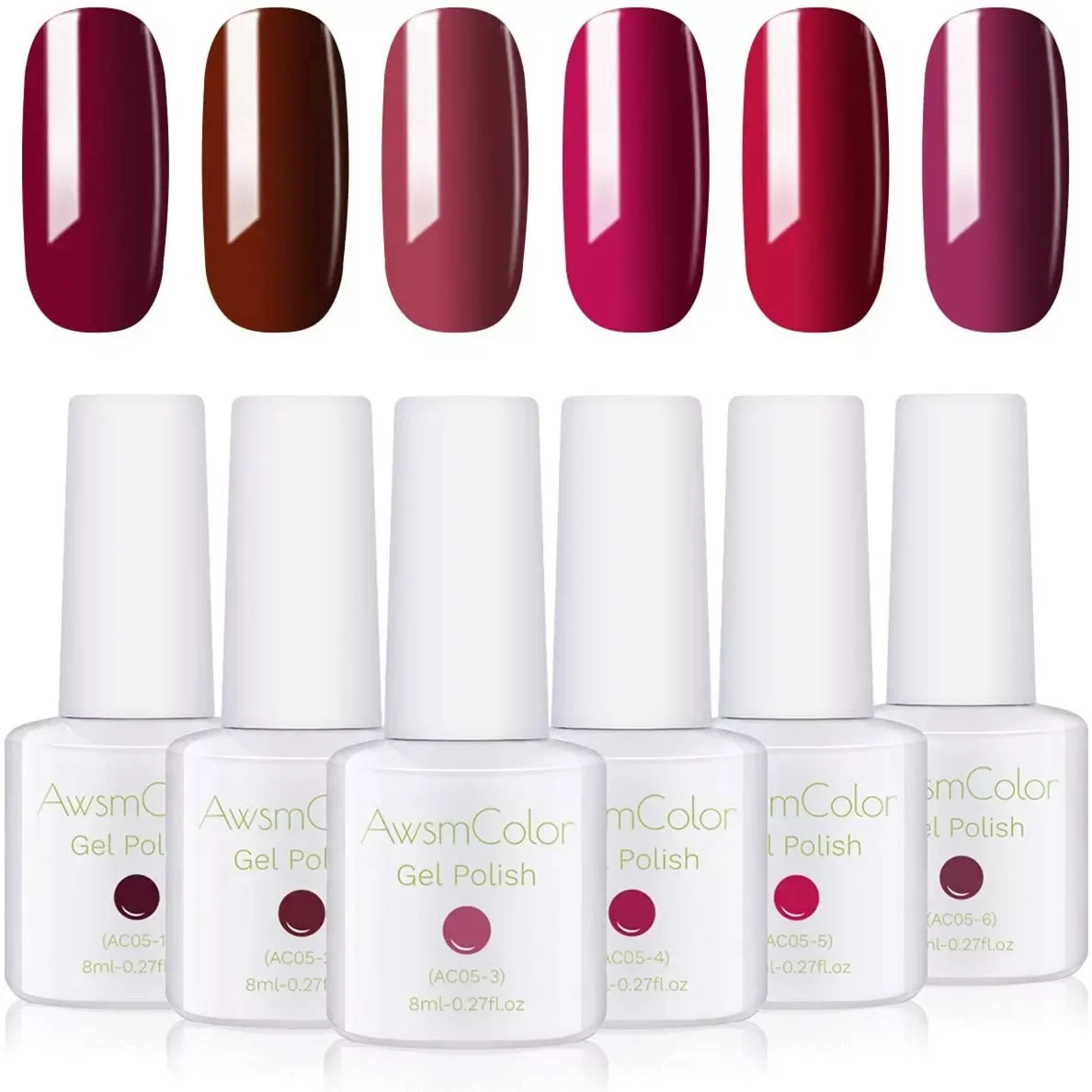 

NEW2023 AwsmColor Gel Nail Polish Set, Red Series 6 Colors UV LED Soak Off Nail Gel Kit, Burgundy Ruby Wine Maroon Raspberry Col