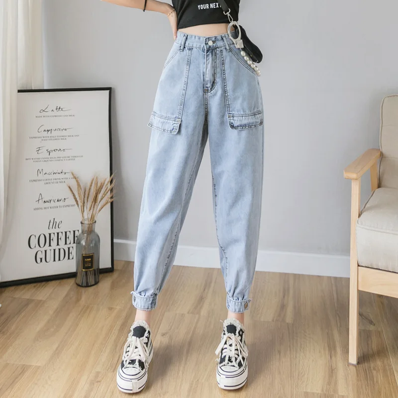 

2021 Spring Autumn New Loose High Waist Ankle Length Jeans Light Blue Fashion Harem Pant Women Y2k Vintage Indie Street Trousers