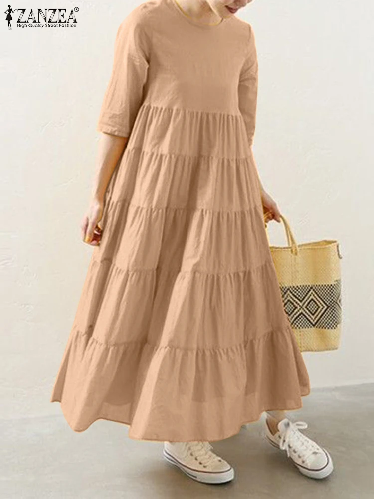 

ZANZEA Fashion Layered Hem Dress Femme Vintage OL Vestidos Summer Woman Solid Color Short Sleeve O-Neck Dresses Casual Maxi Robe