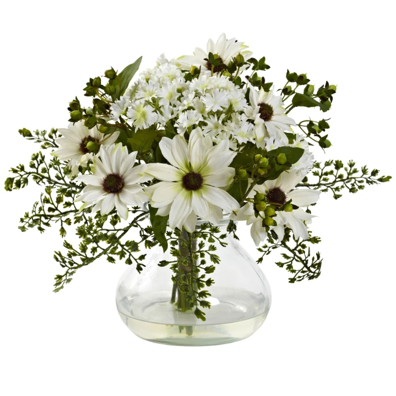 Free shipping Mixed Daisy Artificial Floral Arrangement with Vase White