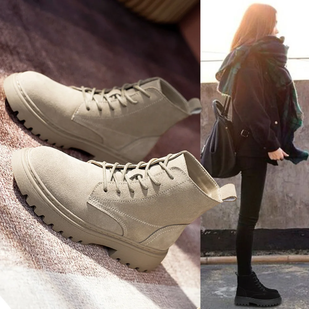 

2022 New Women's Autumn Winter Leather Boots British Style Heel Martin Booties Female Flat Bottomed Short Shoes 35-40