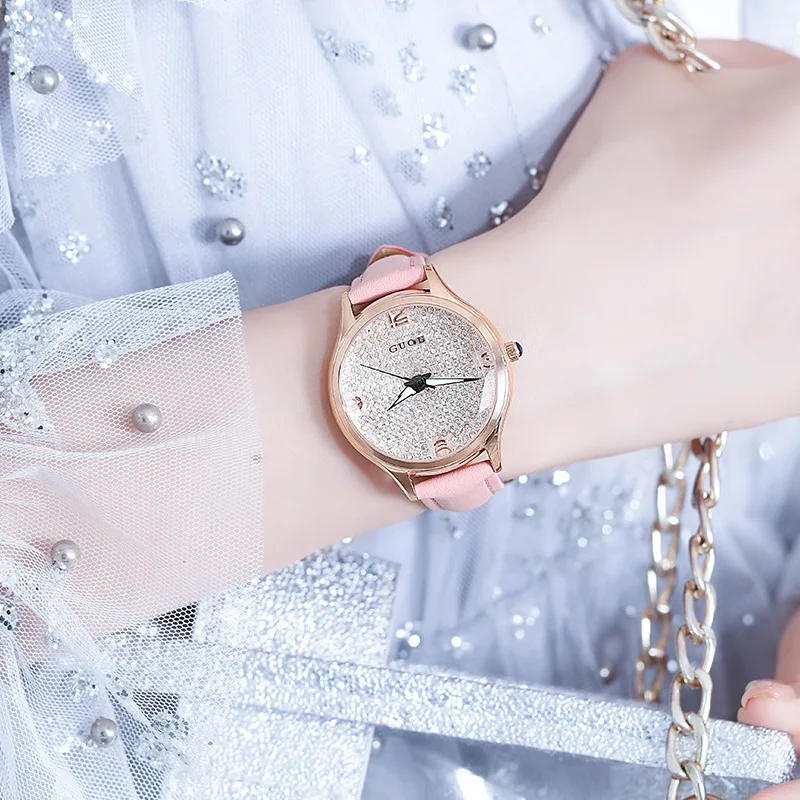

Fashion Round Quartz Luxury Rhinestone Dial Casual Wrist Watches Leather Strap Fashionable Clock Waterproof Wristwatch for Women
