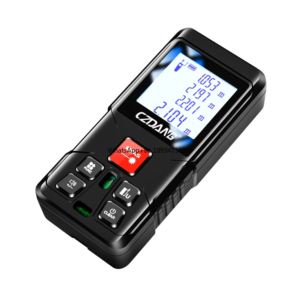 z możliwością przełączania m/ft/in/ft + in. Zakres 120 metrów/394 stopy Cyfrowy laserowy dalmierz na podczerwień Taśma miernicza 2 poziomami