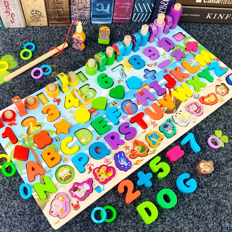 

Wooden Puzzles Shape Sorter Board Counting Stacking Rings Magnetic Fishing Early Education Learning Toys for 3-6 Years Old kids