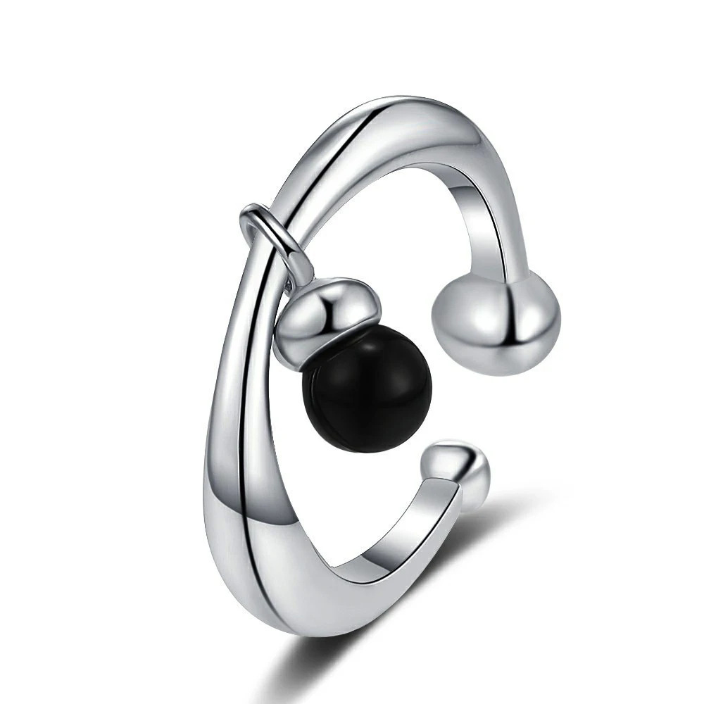 

Amaiyllis s925 Sterling Silver Natural Black Onyx Adjustable Open Ring Personalized Simple Index Finger Ring Jewelry
