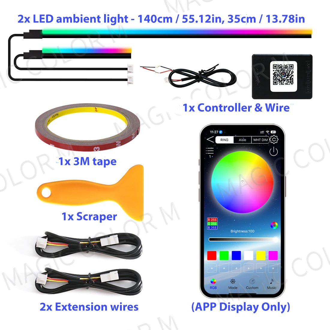 

140 см, 55,12 дюйма, автомобильное окружающее освещение, светодиодная симфония, RGB, интерьерные акриловые полосы, украшение для приборной панели, консоль, атмосферная лампа, управление через приложение