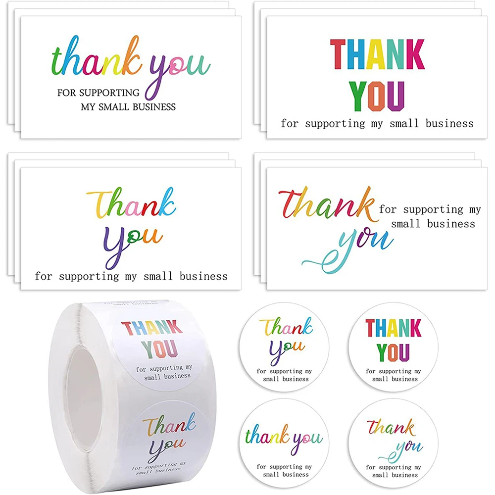 

500PCS/Roll Thank You Stickers 50PCS Thanks Greeting Cards For Supporting My Small Business Candy Bags Paper Seal Label Gift