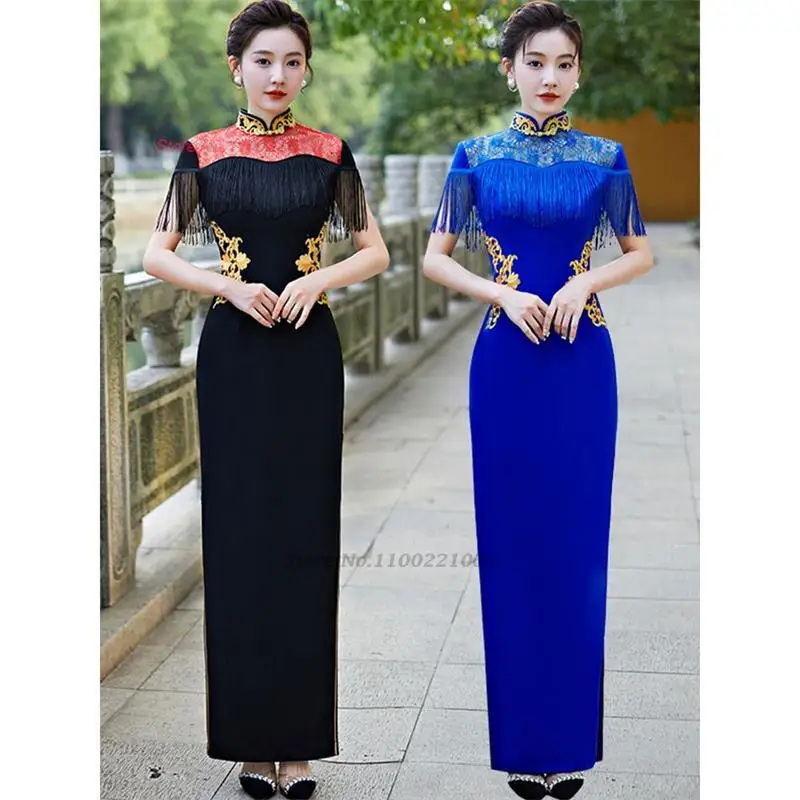 2023 national flower embroidery dress chinese impoved qipao elegant folk lace cheongsam vestidos chinese banquet evening dress