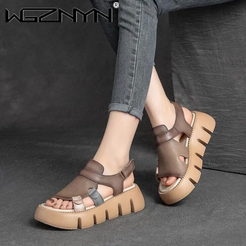 

Сандалии женские летние из натуральной кожи на низком каблуке с липучками