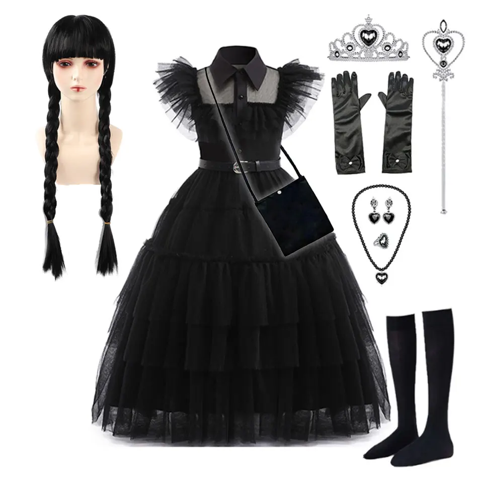 Wednesday Addams Cosplay Dress for Girl Kids Movie Wednesday Cosplay Costumes Black Gothic Dresses Halloween Party Women Clothes