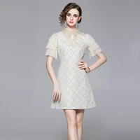 womens summer new high end temperament polo collar pile ruffle sleeve hot gold plaid jacquard french fashion patchwork dress