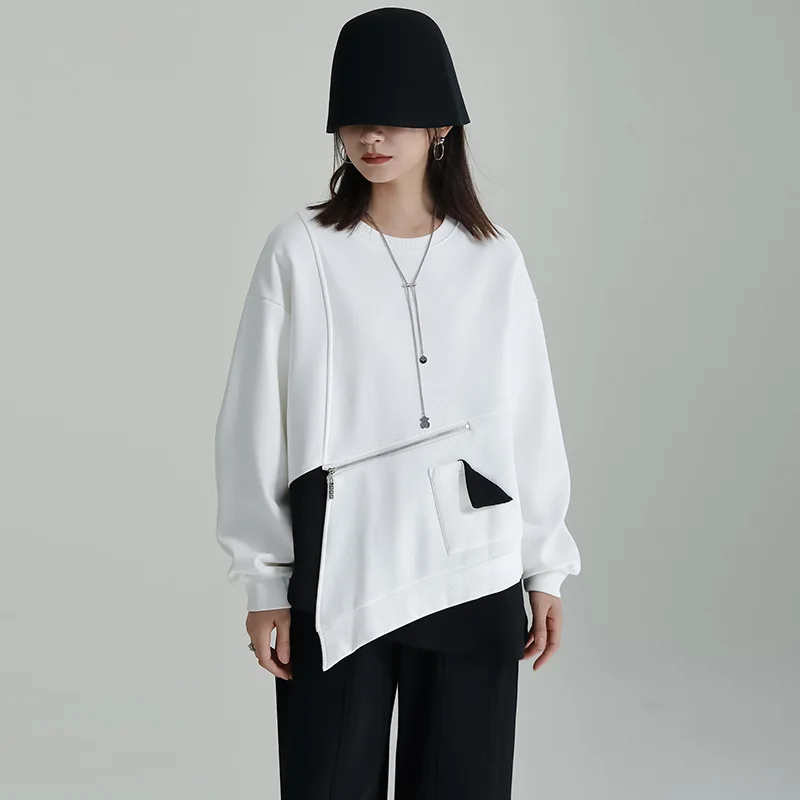 

SuperAen 2022 Winter Holiday Irregular Zippers Niche Design Sweatshhirt Ladies Contrast Color Loose Cashmere Sweatshirt