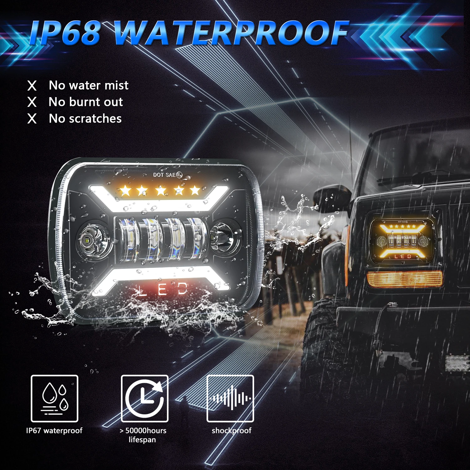 Фото Передние фары MONDEVIEW H4 5x7 7x6, квадратные фары Wrangler 2000 Вт, высокая мощность 6000 лм, высокая яркость K, белые фонари для автомобиля №5