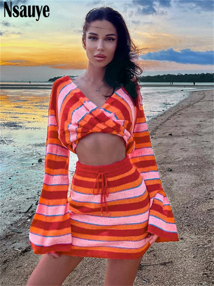 

Nsauye 2022 Casual V Neck Striped Knitted Women Skirt Dress Two Piece Set Y2K Crop Tops Outfits Sexy Wrap Club Skirt Mini Set