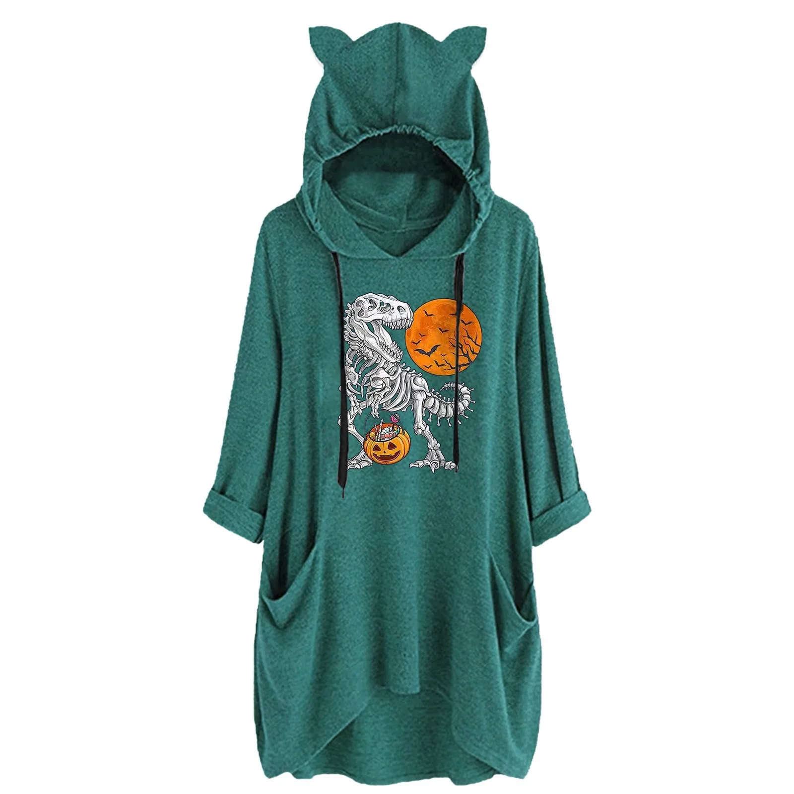 

Zipper Pullover Sweaters Women Loose Ears Hat Hooded Top Women's Halloween Long Sleeve Cute Print Two Pocket Women Zip up Hoodie