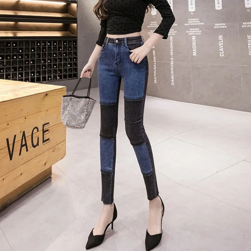 

Облегающие и обтягивающие джинсы для женщин, новинка, модные обтягивающие эластичные джинсы контрастных цветов с высокой талией для пышных...