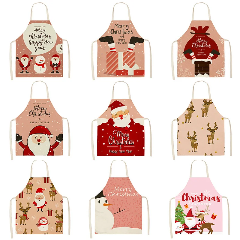 

Christmas Santa Claus Deer Pattern Cleaning Aprons 53*65cm Home Cooking Kitchen Apron Cook Wear Cotton Linen Adult Bibs 46396