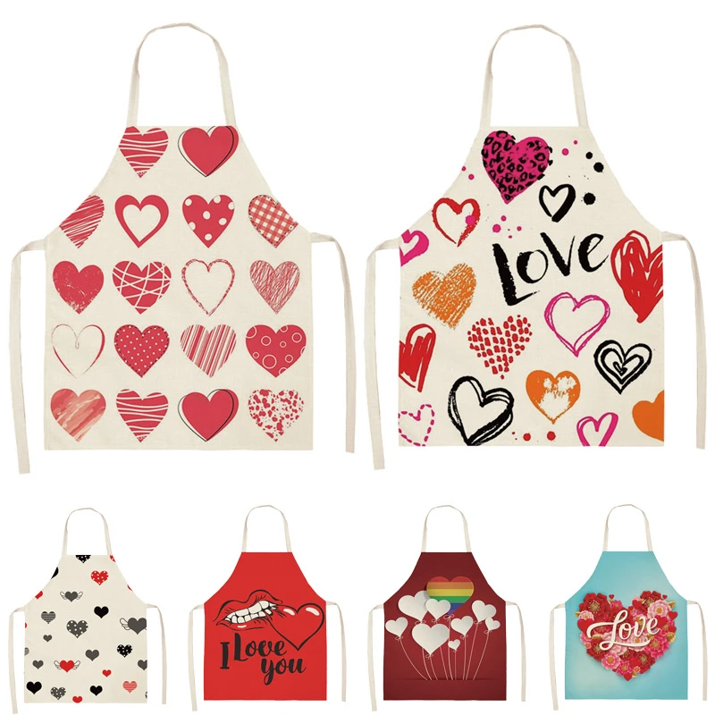 

New Heart-shaped Printing Kitchen Apron Children Men and Women Chefs Cooking Geometric Apron Cotton and Linen Apron Cleaning