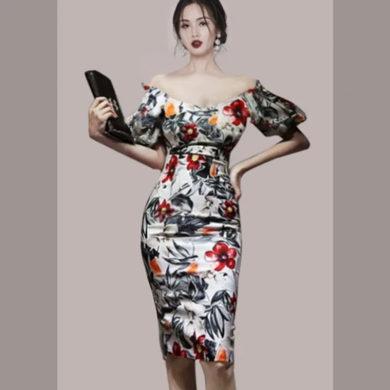 

2022 Summer Women OL Work Wear 2 Pieces Sets Korean Version Printed Lantern Sleeve Tops + Fashionable Hip Skirt Suit